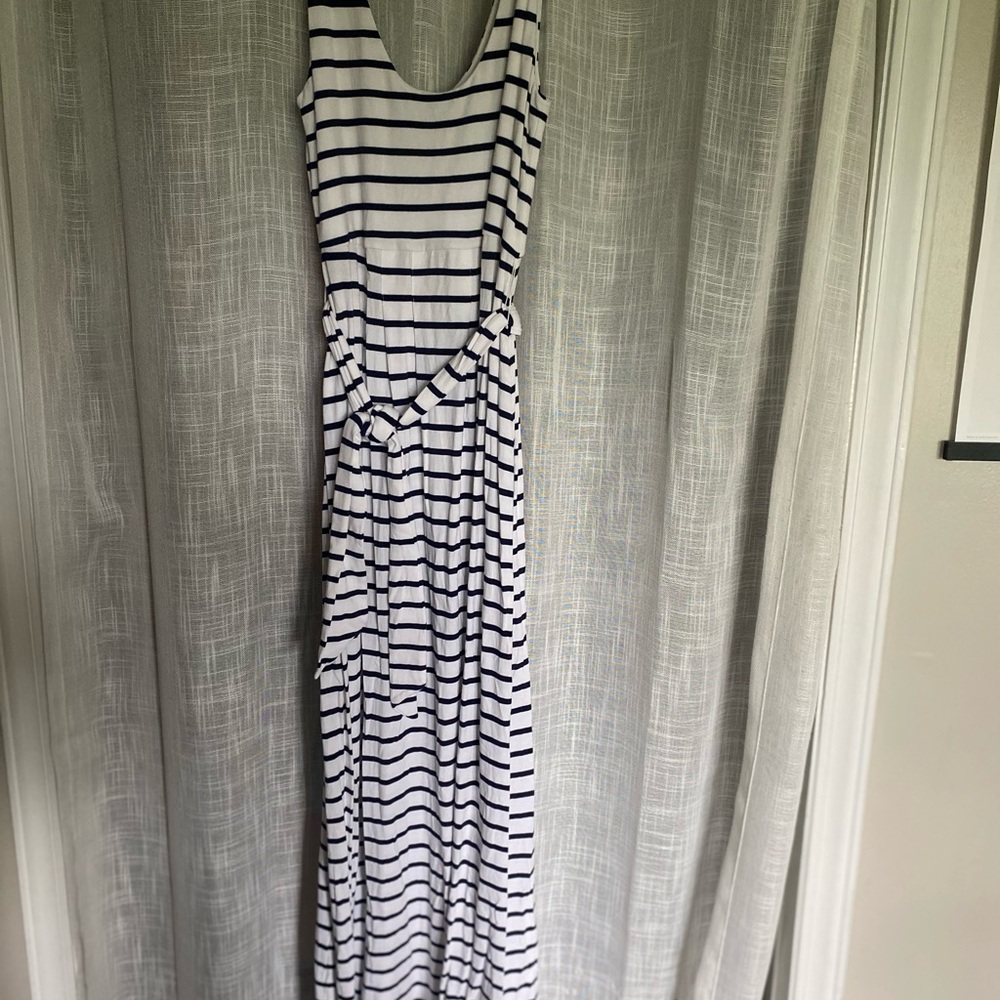 A Pea in the Pod Navy and White Striped Maxi Dress